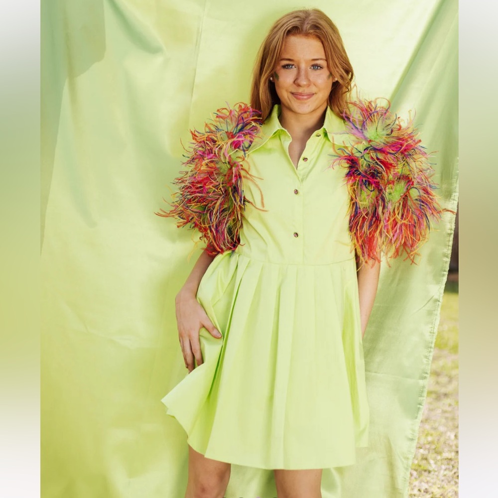 Queen of Sparkles Lime & Rainbow Feather Sleeve Dress